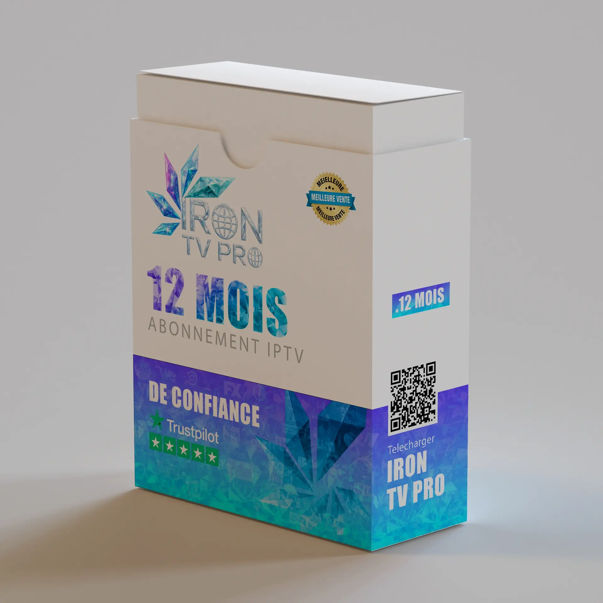 Boîte Abonnement IPTV 12 Mois IRON TV PRO avec logo Trustpilot et étiquette Meilleure Vente